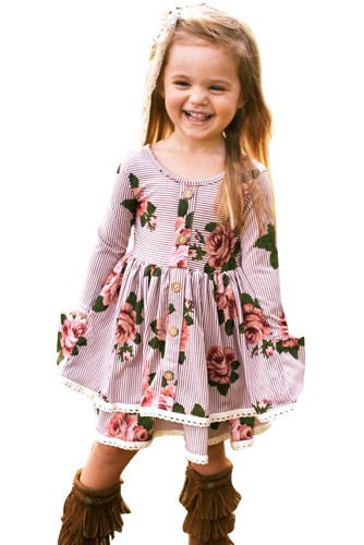 Red Sweet Striped Floral Kids Dress