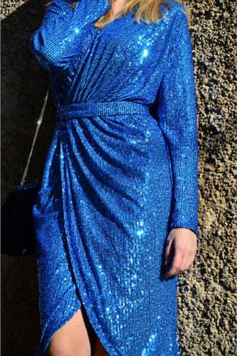 Blue Sequins Wrapped Ruched Irregular Dress