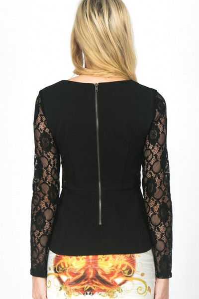 Black Jersey Lace Long Sleeve Peplum Top