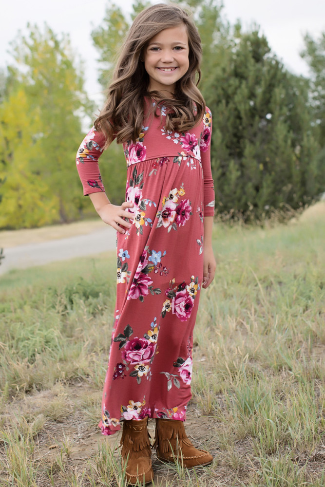 Rosy Floral Maxi Dress for Girls