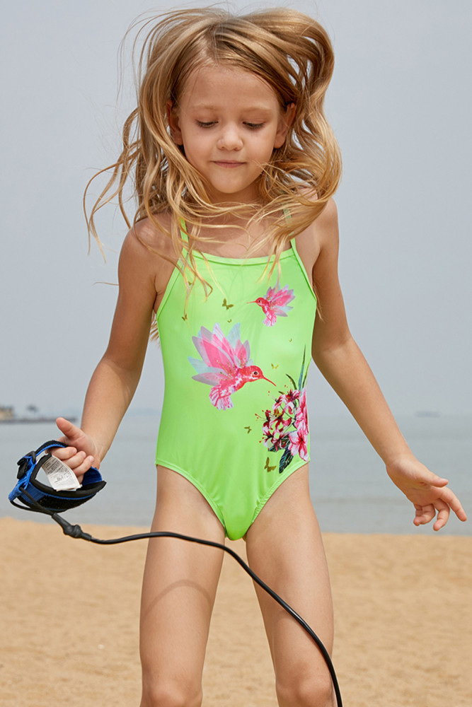 Neon Green Floral and Birds Little Girls One-piece Swimwear