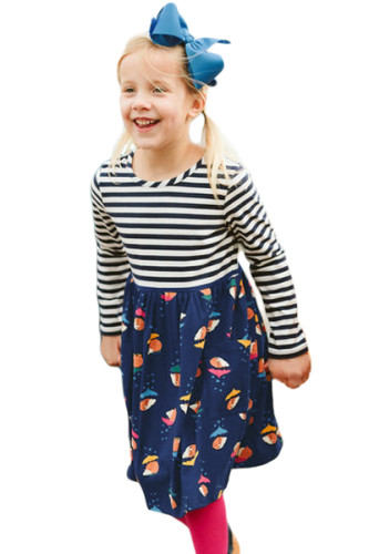 Navy Striped Cartoon Hedgehog Kid Dress
