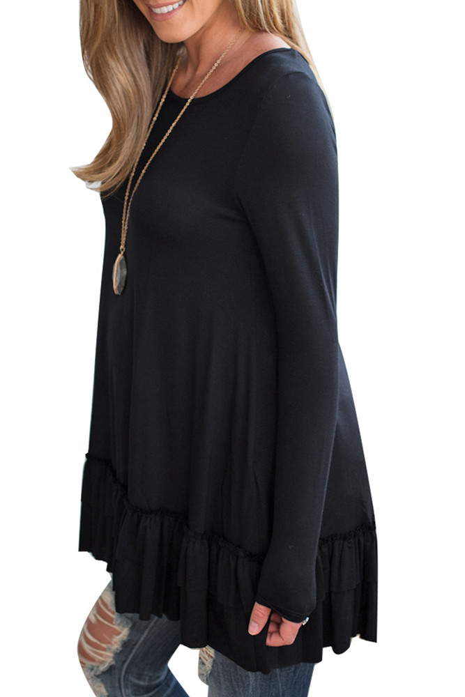 Black Double Ruffle Hem Long Sleeve Tunic Tops
