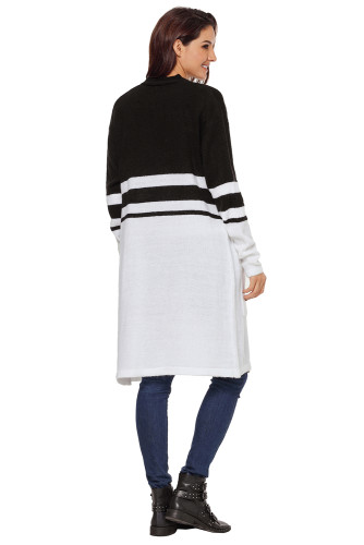 White Black Contrast Full Sleeve Open Cardigan with Pockets