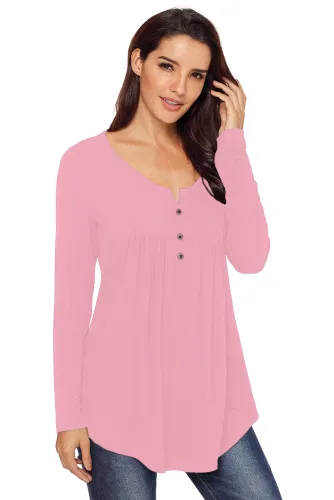 Pink Long Sleeve Button up Pleated Tunic