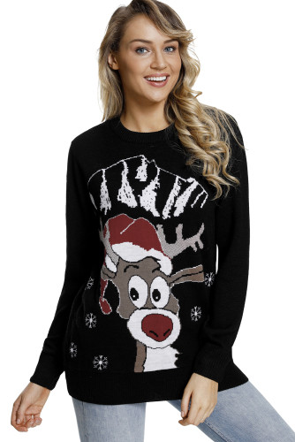 Black Christmas Reindeer Crew Neck Sweater