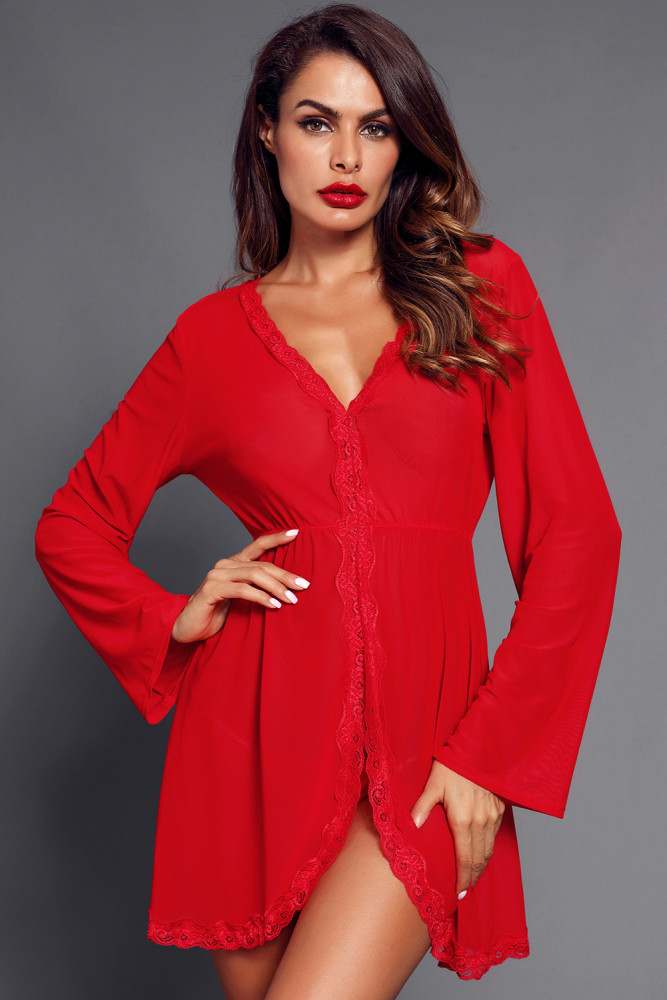 Red Flared Long Sleeve Babydoll with G String