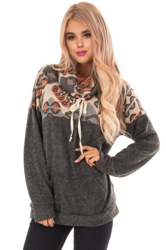 Charcoal Tribal Cowl Neck Kangaroo Pocket Sweatshirt