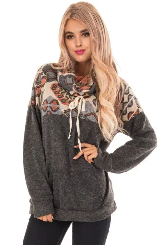 Charcoal Tribal Cowl Neck Kangaroo Pocket Sweatshirt