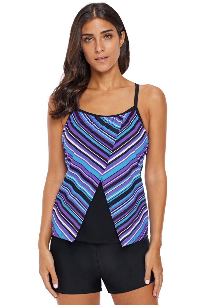 Blue Purple Striped Split Overlay Tankini Swim Top