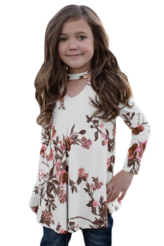 White Floral Key Hole Front Girl's Long Sleeve Top