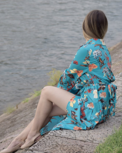 Blue Bohemian Floral Print Notch Lapel Belted Shirt Dress