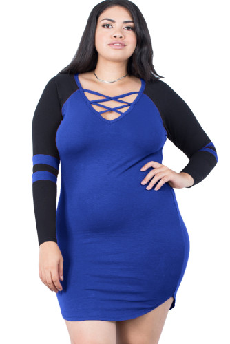 Royal Blue Black Plus Size Sporty Striped Dress