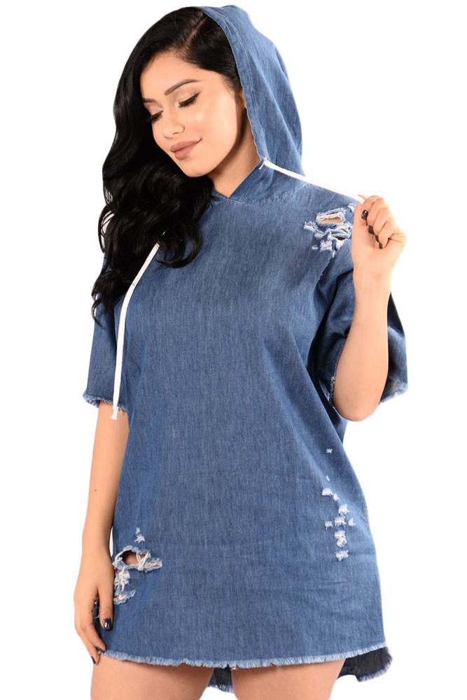 Casual Chic Denim Distressed Hoodie Dress