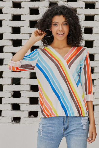 Multicolor Stripe Long Sleeve V Neck Shirt