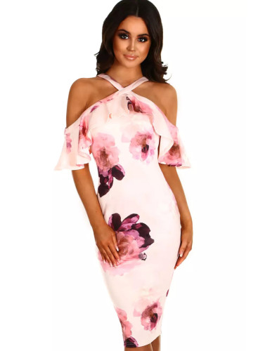 Pink Floral Frill Cold Shoulder Midi Dress