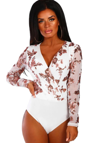 Gold Sequin White Mesh Long Sleeve Bodysuit