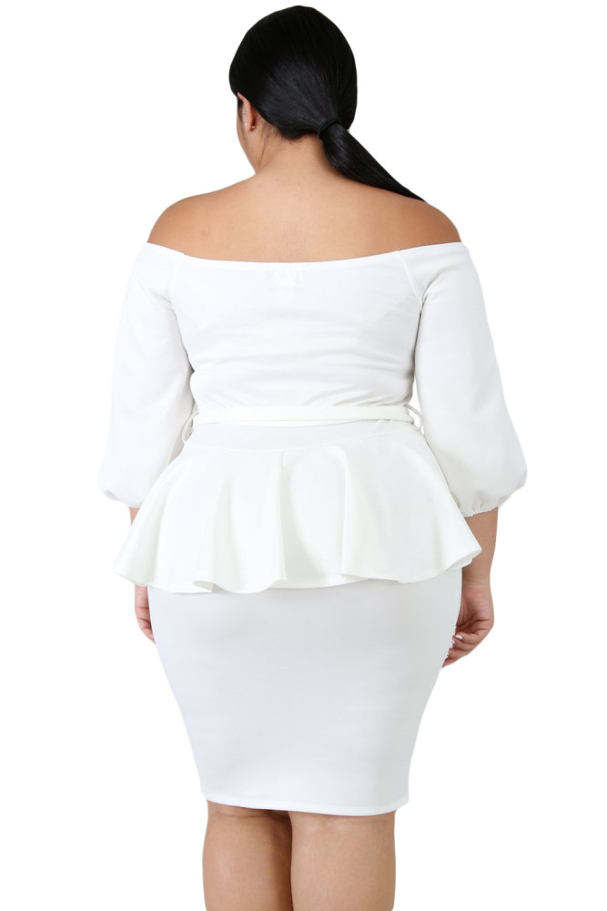 White Sash Tie Plus Size Peplum Dress
