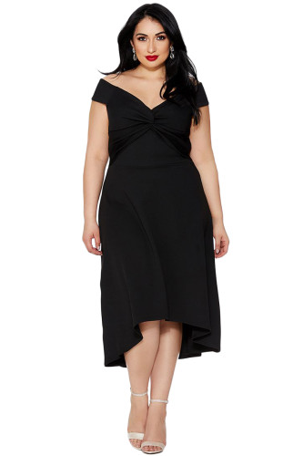 Black Plus Size Dip Hem Knot Front Evening Dress