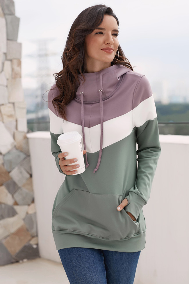 Dark Purple Hooded Green Colorblock Sweatshirt