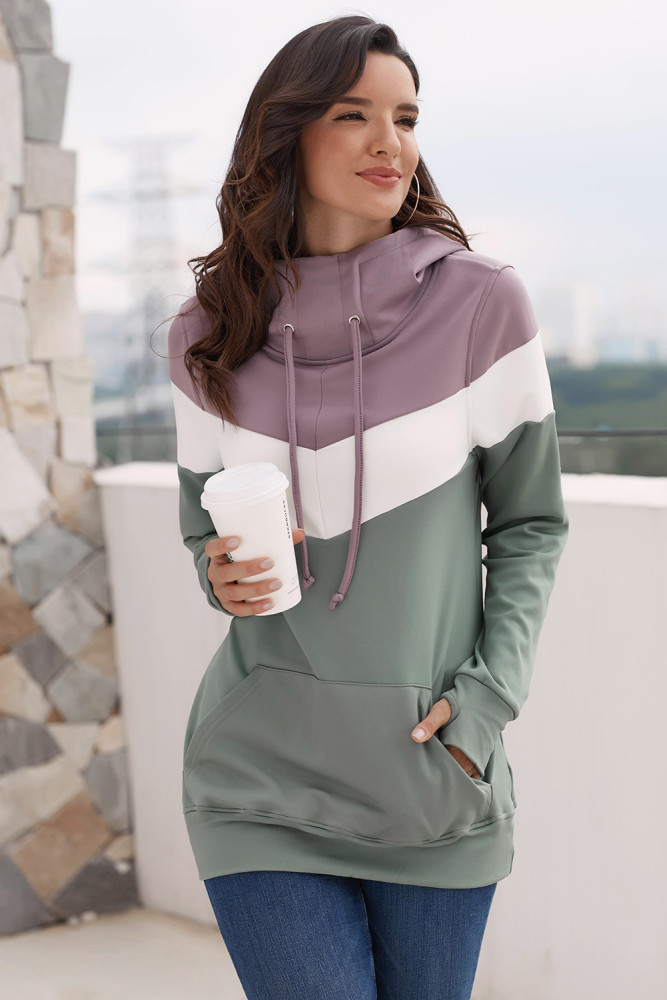Dark Purple Hooded Green Colorblock Sweatshirt