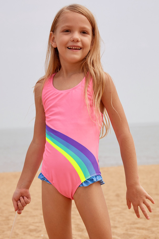 Cute Rainbow Trim Pink Baby Girls One Piece Swimsuit