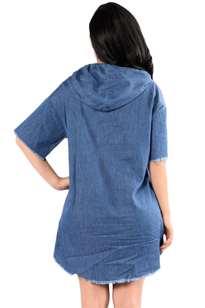 Casual Chic Denim Distressed Hoodie Dress