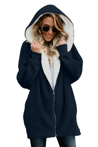 Navy Zip Down Hooded Fluffy Coat