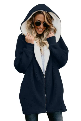 Navy Zip Down Hooded Fluffy Coat