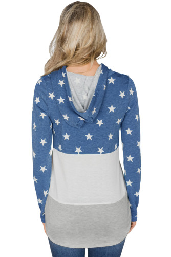 Navy Starry Splice Colorblock Drawstring Hoodie