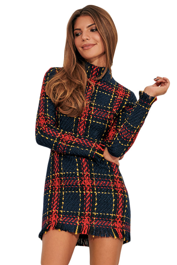 Long Sleeve Tassels Bodycon Mini Tweed Dress