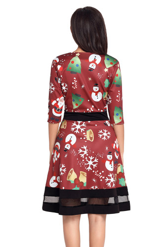 Jolly Christmas Cartoon Print Wine A-line Dress