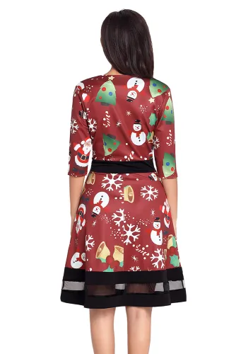 Jolly Christmas Cartoon Print Wine A-line Dress