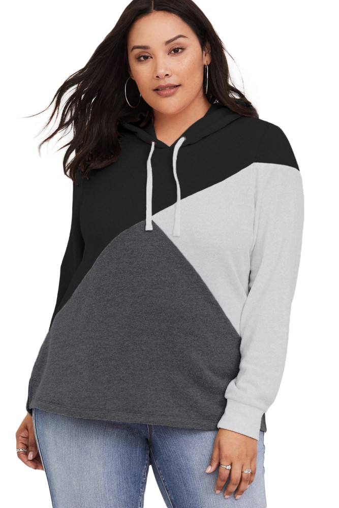Black Hooded Tricolor Blocked Plus Size Top