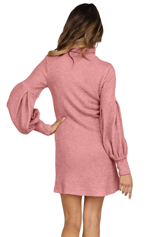 Dusty Pink Corduroy Ribbed High Neck Mini Dress