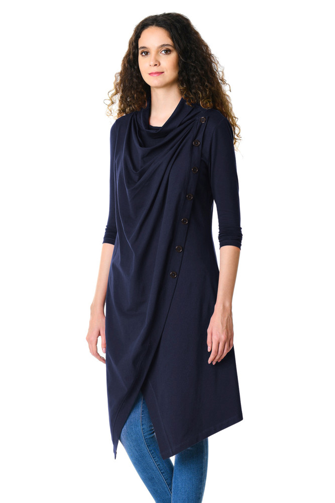 Navy Blue Cowl Neck Asymmetric Wrap Long Tunic