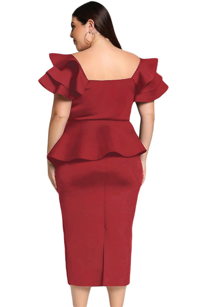 Burgundy Plus Size Tiered Sleeve Twisted Peplum Dress