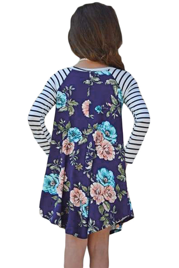 Blue Spring Fling Floral Striped Sleeve Short Dress for Kids
