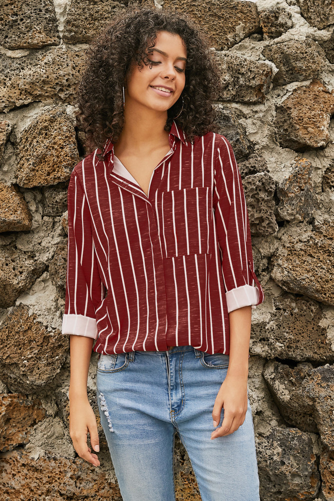 Burgundy Striped Roll Tab Sleeve Button Shirt