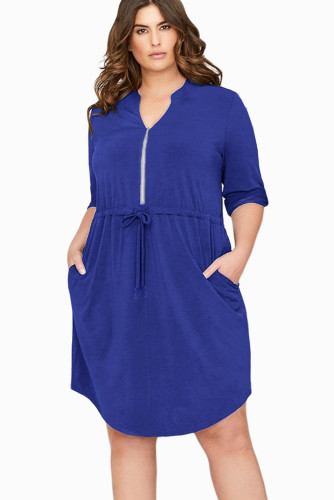 Navy Blue 3/4 Sleeve Plus Size Casual Jersey Dress