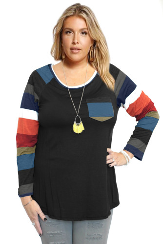 Autumn Chill Top With Front Pocket & Striped Contrast Sleeves In Black