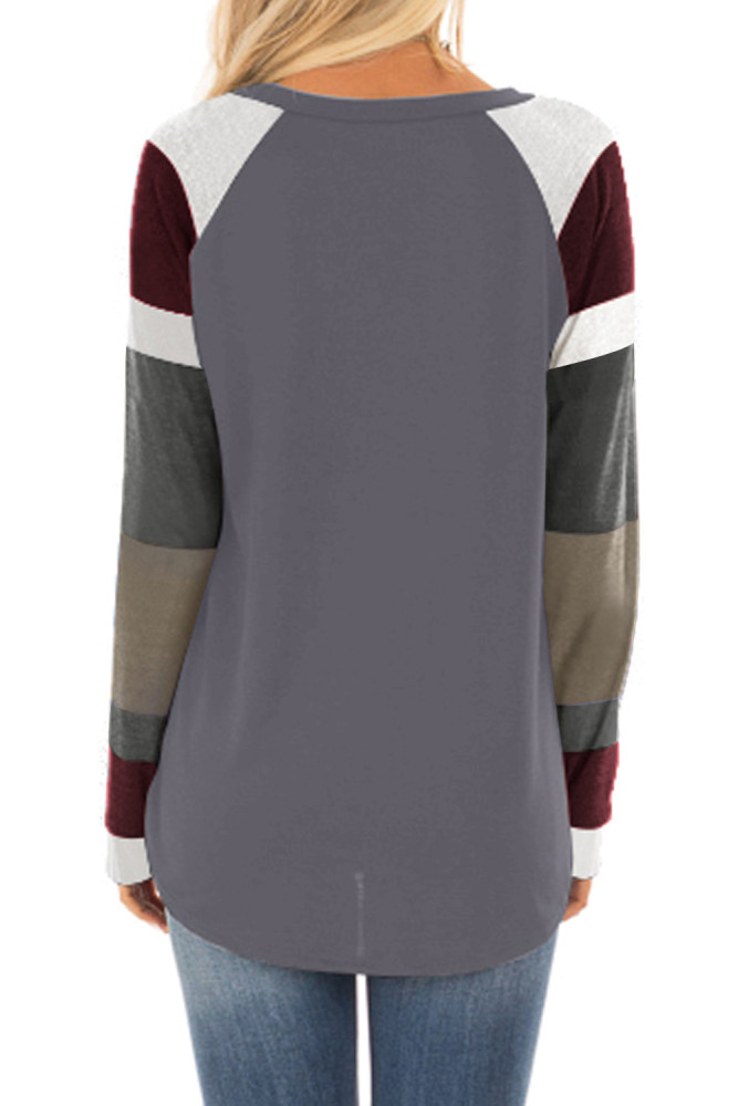 Color Block Long Sleeves Gray Pullover Top
