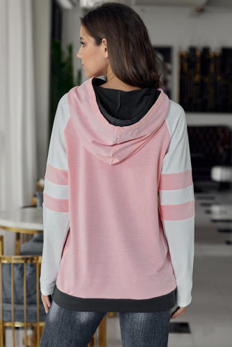Pink Varsity Striped Sleeves Double Hooded Sweatshirt