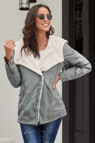 Gray Asymmetric Hooded Fleece Winter Coat