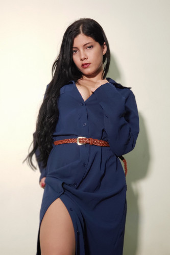 Dark Blue Slit Maxi Shirt Dress with Sash