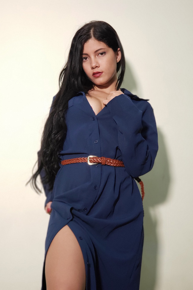 Dark Blue Slit Maxi Shirt Dress with Sash