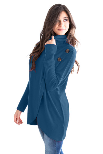 Slate Blue Button Cowl Neck Overlap Tunic Top