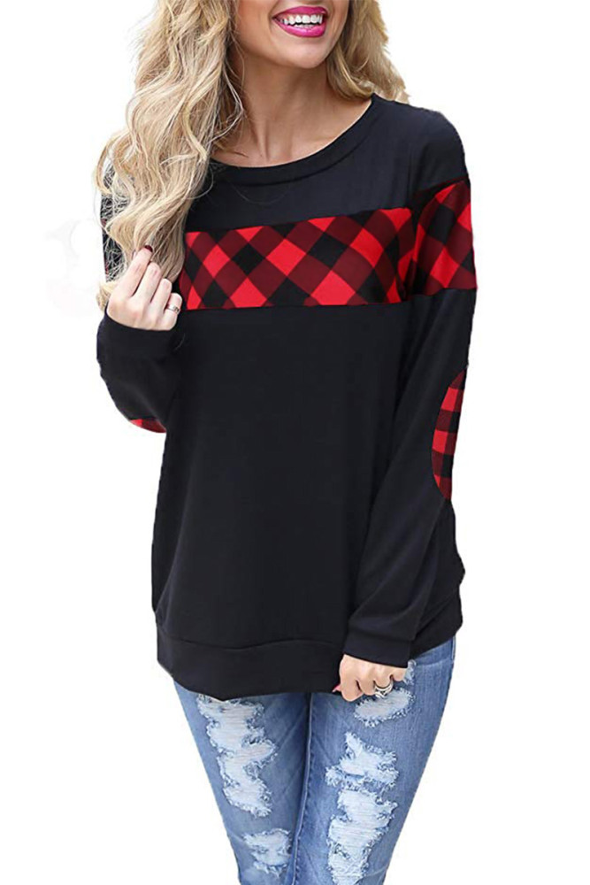Red Color Block Plaid Shirt Crew Neck Elbow Patch Sweatshirt