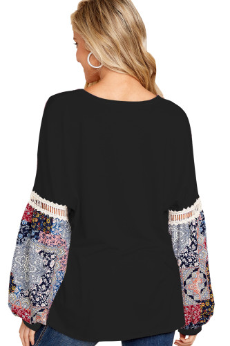 Printed Bubble Sleeve Splice Black Tunic Top
