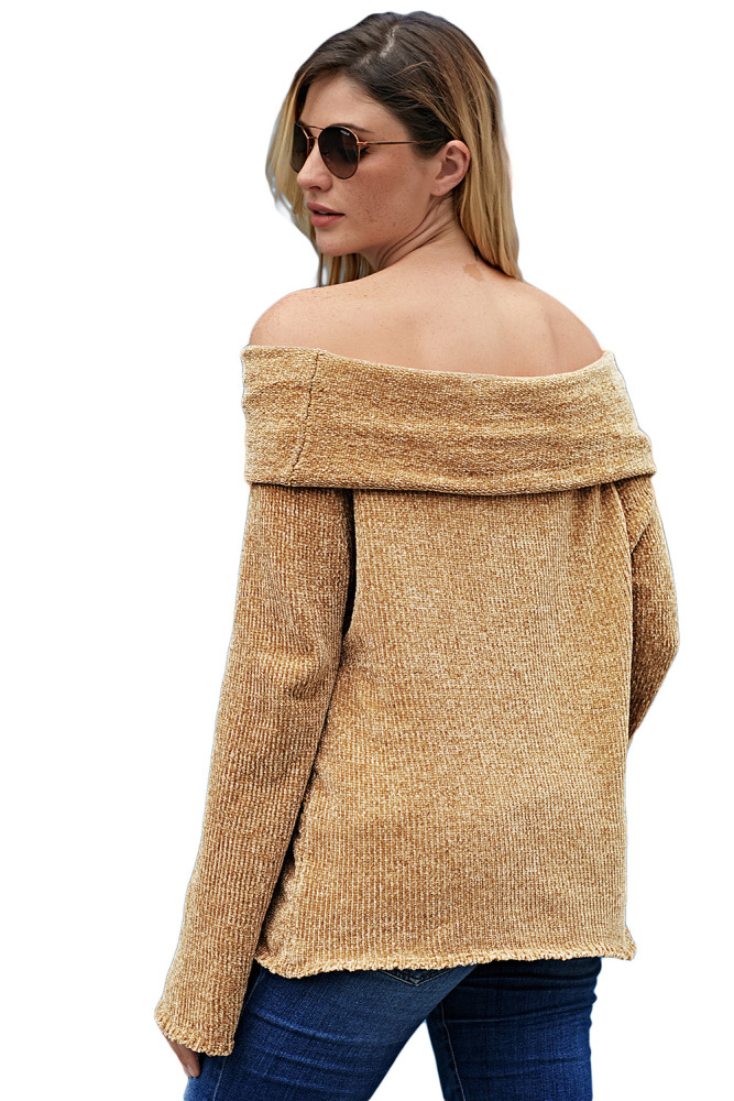 Khaki Soft Velvet Knit Off Shoulder Sweater
